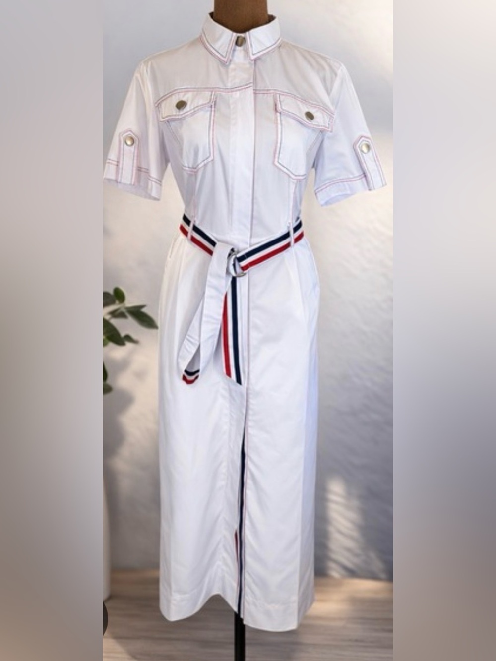 NWOT Andre Tan White Shirt Zipper Closure Dress with Stripe Belt